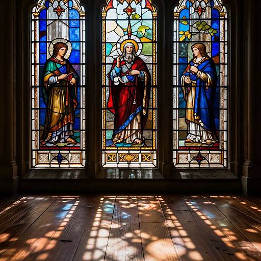 Photograph of a stained glass window depicting three religious figures with halos, wearing robes, illuminated by sunlight on wooden floor.