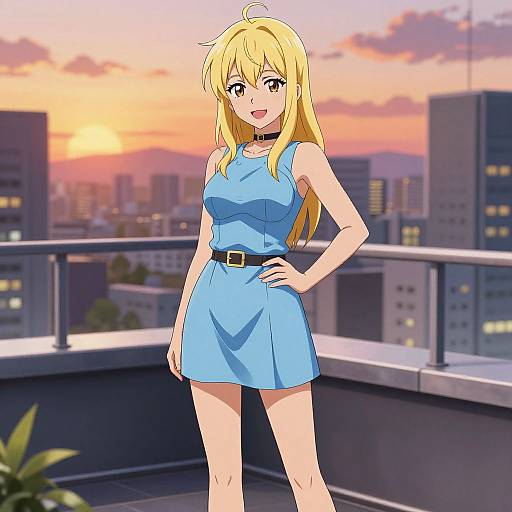 Anime-style digital drawing of a blonde girl with yellow eyes, wearing a blue dress and black belt, standing on a rooftop at sunset, cityscape background