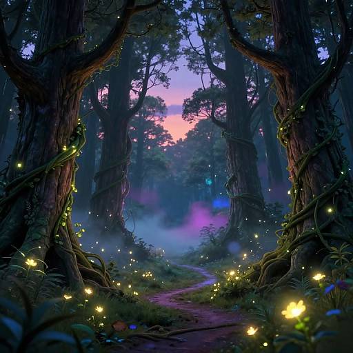 Enchanted forest at dusk, illuminated by glowing fireflies, with purple and pink sky, winding path, and towering, vine-covered trees. Digital