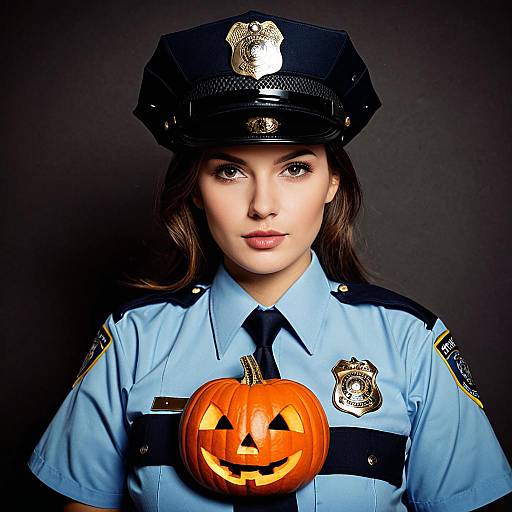 Female Police Officer in Halloween Costume with Jack-o'-Lantern