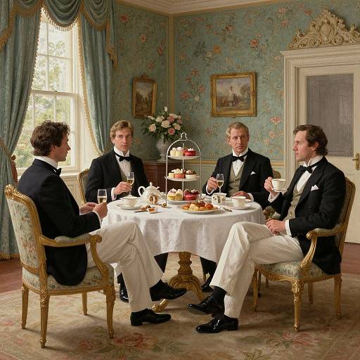 Four handsome men in black tuxedos and white pants, seated at a white-clothed table in an elegant, floral-walled room,