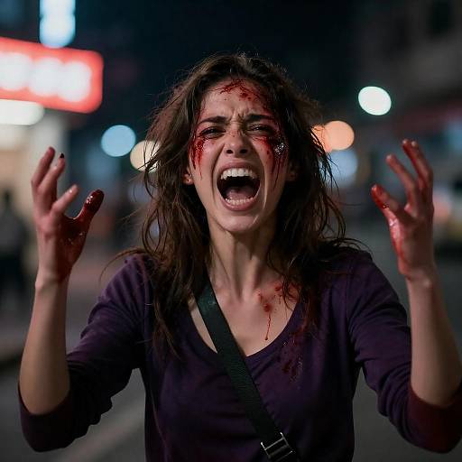 Bloodied Woman Screaming Under Neon Lights
