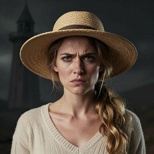 Photograph of a serious, fair-skinned woman with a braided blonde ponytail, wearing a straw hat and white knit sweater, against a dark
