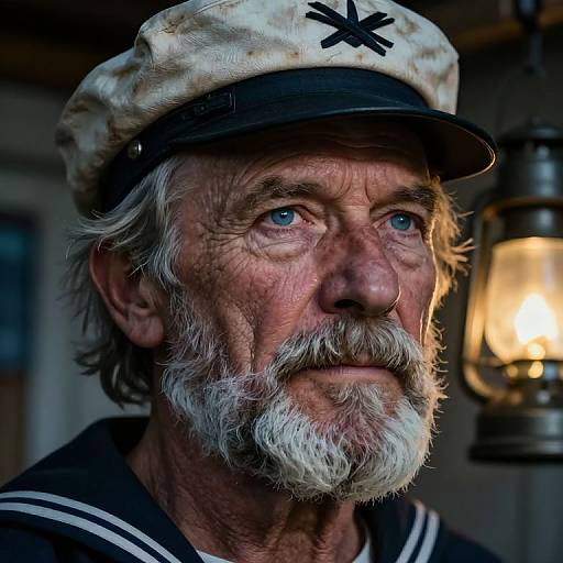 Close-up photograph of an elderly man with a white beard, wearing a dirty white sailor hat and black-striped shirt, illuminated by a warm lantern.