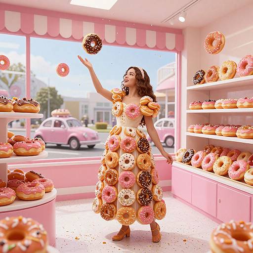 Photograph of a woman in a dress made of donuts, balancing a donut in a pink donut shop with sunlight streaming in.