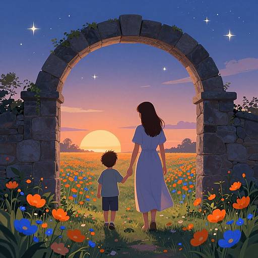 Digital illustration of a woman in a white dress and a boy holding hands, standing under a stone arch, watching a sunset over a colorful flower field.
