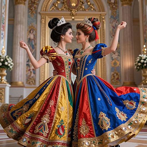 Two elegant Asian princesses in ornate, colorful, gold-embroidered dresses, tiaras, and jewelry, dance gracefully in an opulent