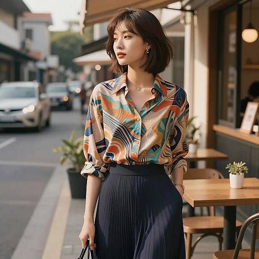 Photograph of an Asian woman with short black hair, wearing a colorful abstract blouse and navy pleated skirt, standing outside a sunny street café. Cars