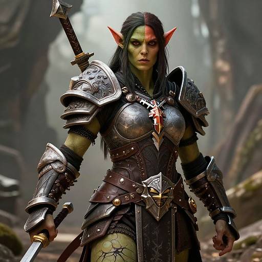Digital art of a fierce, green-skinned orc woman with pointed ears, wearing dark, silver armor, holding a sword, and standing in a mist