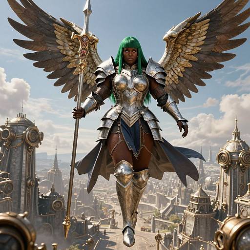 Digital artwork of a green-haired, dark-skinned, winged warrior angel with golden armor, holding a spear, soaring over a futuristic cityscape.