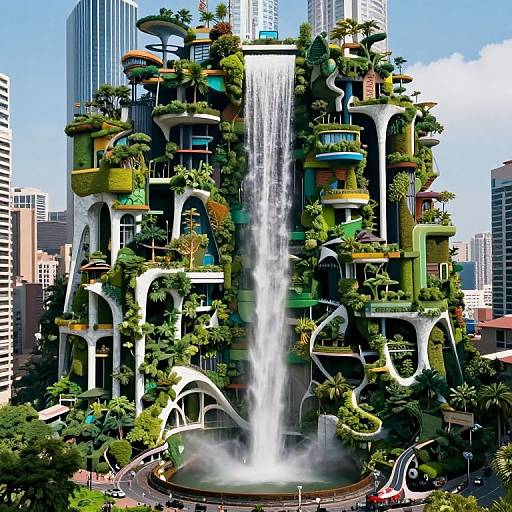 Photorealistic CGI of a futuristic, vertically-stacked, green-roofed skyscraper with a central waterfall, surrounded by city buildings and lush vegetation