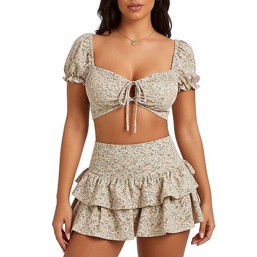 Photograph of a woman with dark hair wearing a white, floral-patterned, crop top and ruffled mini skirt, against a plain white background.