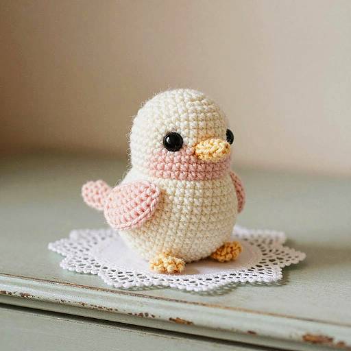 Hand-Crocheted Baby Bird on Antique Dresser