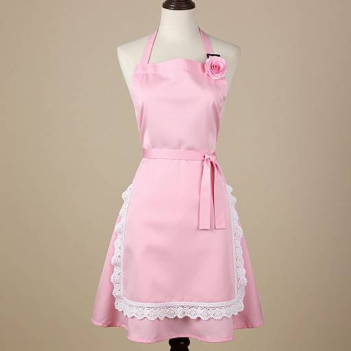 Photograph of a pink satin apron dress with white lace trim and a pink rose brooch on a mannequin.