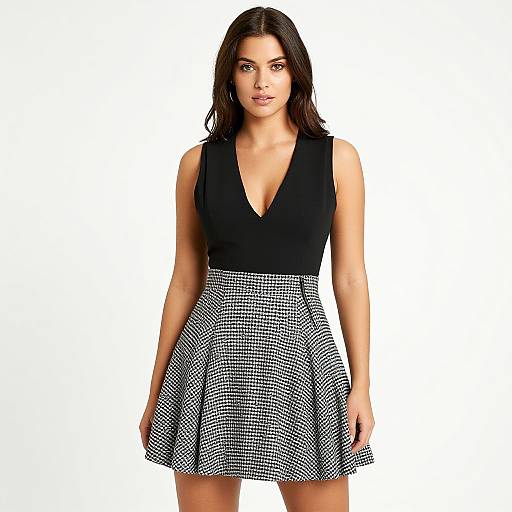 Photograph of a woman with long dark hair, wearing a black sleeveless V-neck top and a black-and-white checkered high-waisted skirt