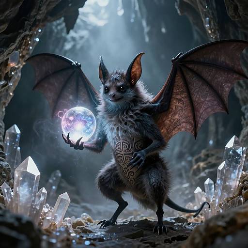 Digital fantasy artwork of a furry, bat-like creature with red wings and glowing blue crystal in a cave of sparkling crystals.