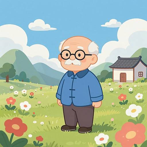Elderly Man in Colorful Flower Field