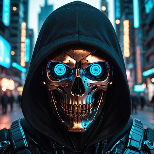 Cyberpunk Hooded Robotic Skull with Glowing Eyes