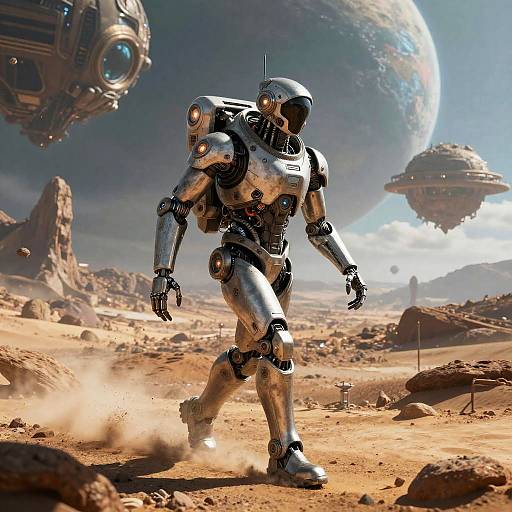 CGI image of a silver, futuristic humanoid robot walking on a dusty, desert-like planet with floating cities and a large planet in the background.