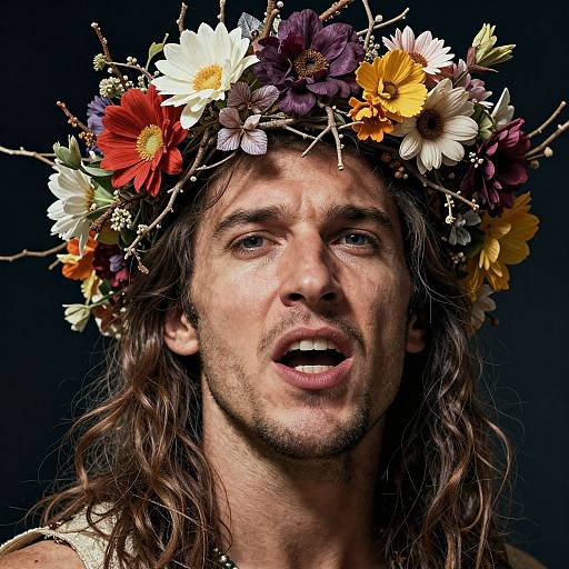 Photograph of a young man with long brown hair, wearing a colorful flower crown, against a black background, mouth slightly open.
