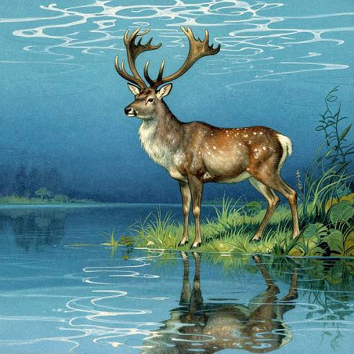 Digital illustration of a majestic deer with large antlers standing in a reflective, blue-tinted pond, surrounded by grass and reeds under a twilight