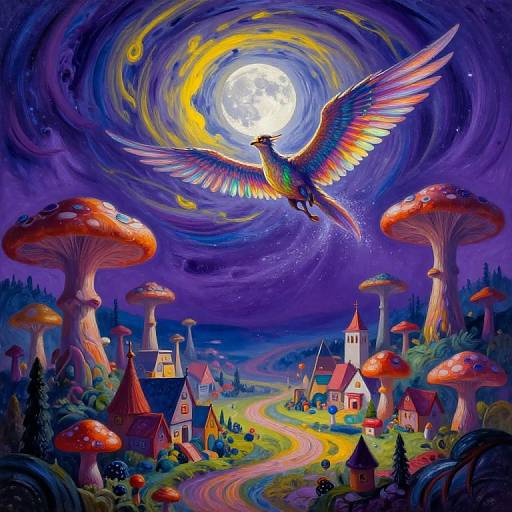 Vibrant digital painting of a colorful phoenix with rainbow wings soaring above a whimsical, moonlit village of red-roofed houses surrounded by giant