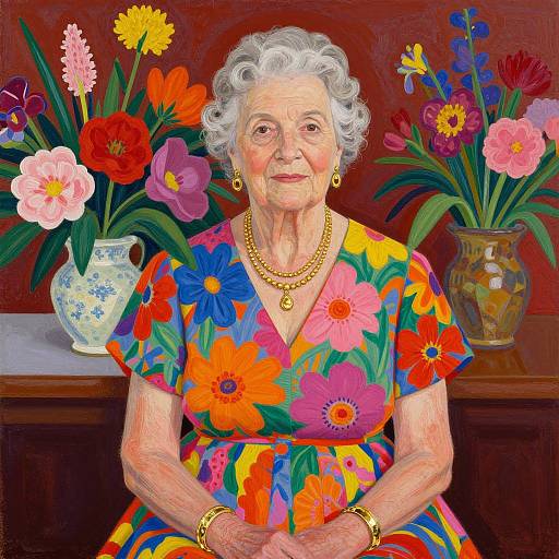 Vibrant digital painting of elderly woman with curly white hair, wearing colorful floral dress, gold jewelry, seated before two vases of flowers.