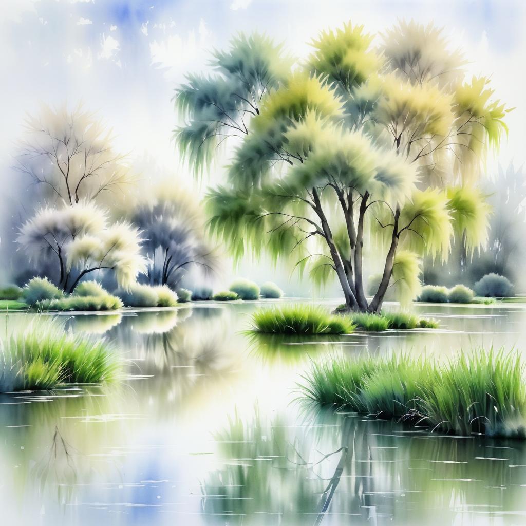 Tranquil Pond with Willow Trees in Ink Wash