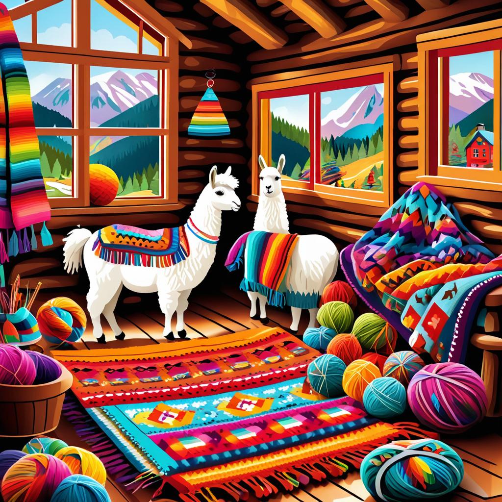 Whimsical Llama Knitting in Cabin