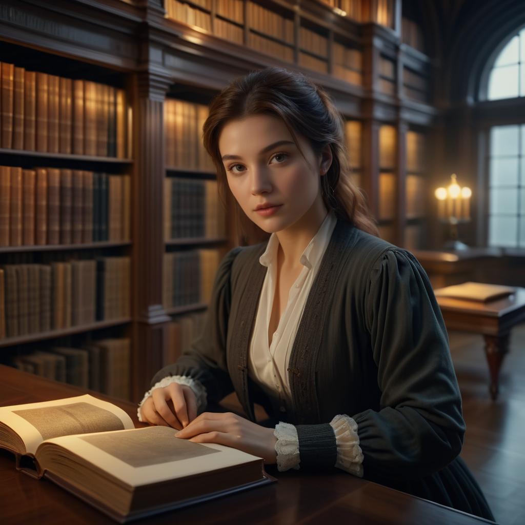 Hyper-Realistic Woman in Antique Library