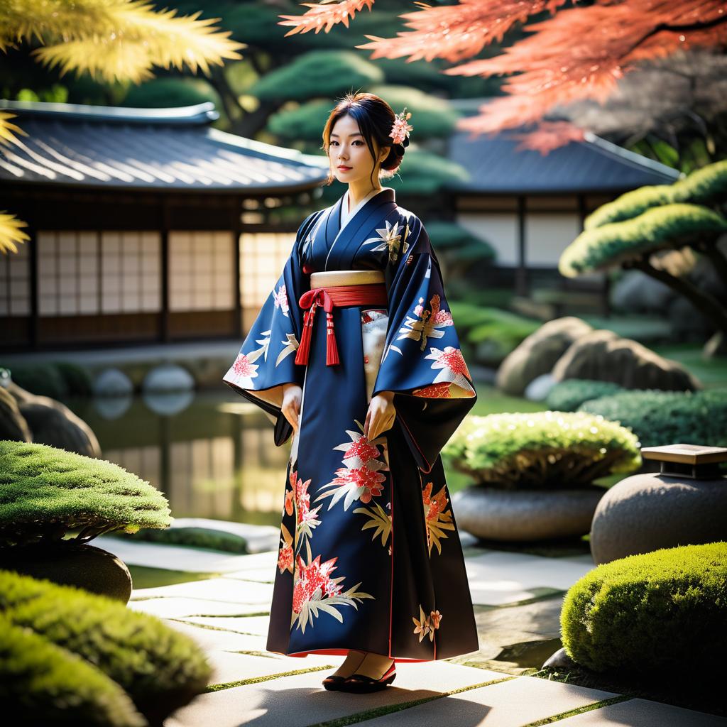 Cinematic Japanese Woman in Kimono Garden