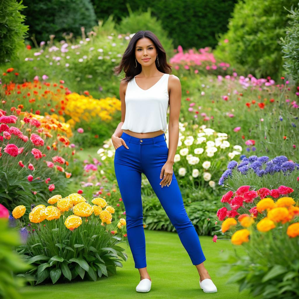 Slender Woman in Vibrant Flower Garden