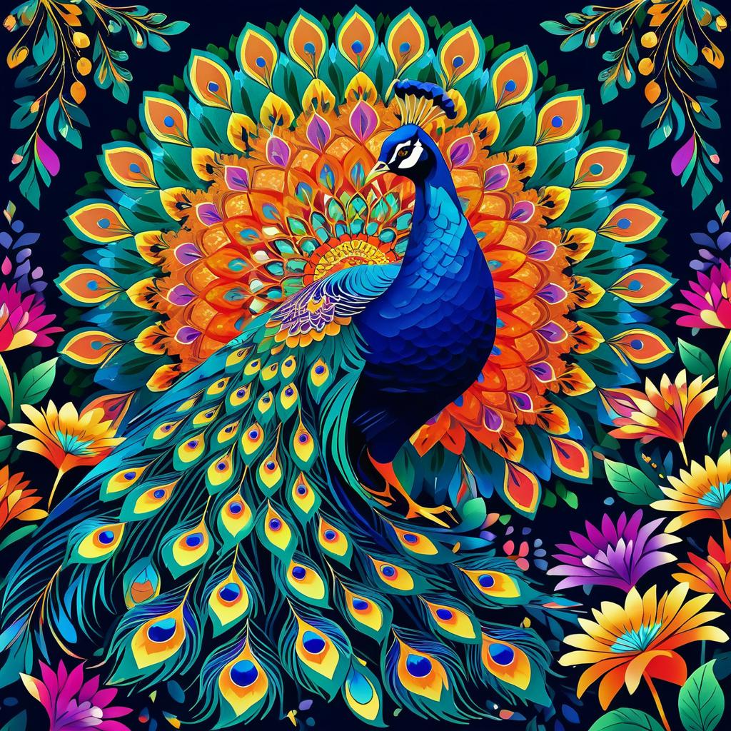 Elegant Peacock in a Colorful Garden