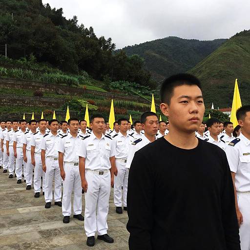 Young Asian Man Amidst Uniformed Group