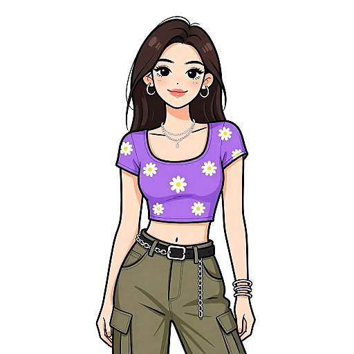 Digital anime-style drawing of a young woman with long dark hair, wearing a purple flower-patterned crop top, olive green pants, and accessories, standing