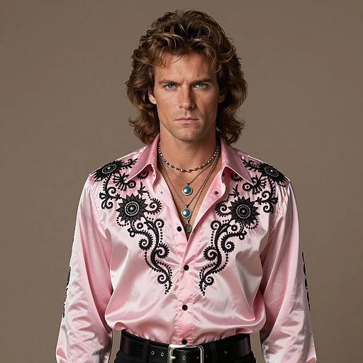 80s Style Man in Pink Silk Embroidered Shirt