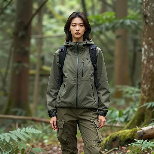 Young woman in green outdoor outfit in forest