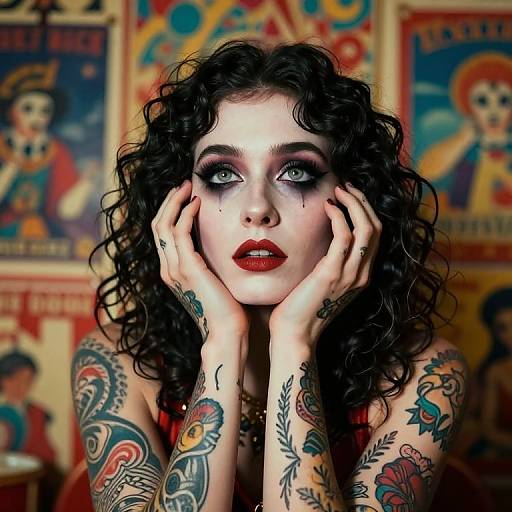 Photograph of a pale-skinned, curly-haired woman with dramatic makeup, red lips, and colorful tattoos, touching her face against a vintage poster background