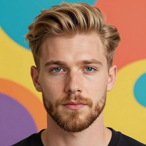 Photograph of a handsome, fair-skinned, blue-eyed man with blonde hair, trimmed beard, and black shirt against a colorful, abstract, swirl