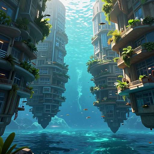 Digital art: futuristic, floating, high-rise buildings with lush greenery, surrounded by a vibrant blue underwater cityscape, with sunlight filtering through, and