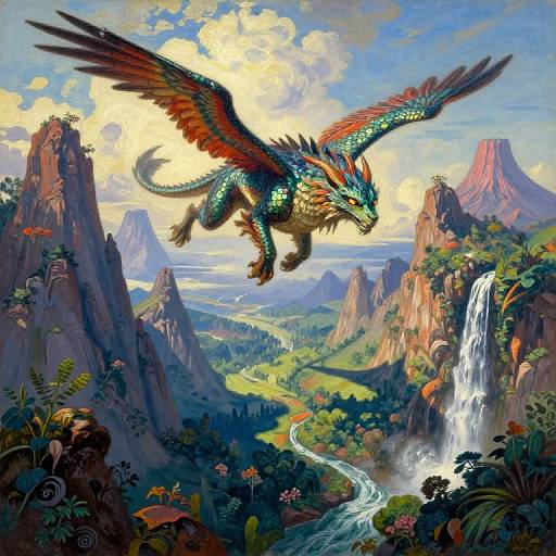 Mythical Creature Soaring Over Fantasy Landscape