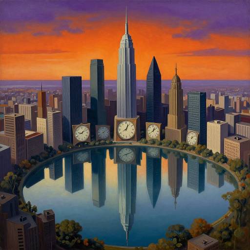 Digital art of a cityscape at sunset, featuring skyscrapers with clock faces, reflecting in a circular lake, against a vibrant orange and purple sky