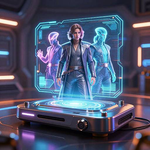 Photorealistic CGI of a man in a metallic jacket standing on a glowing futuristic platform with neon holographic figures behind him in a sci-fi setting.