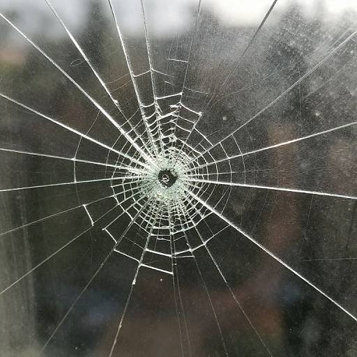 Close-up photograph of a spiderweb with multiple cracks, centered on a glass window. Background is blurred, dark green foliage.