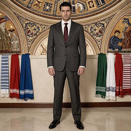 Photograph of a handsome, dark-haired man in a dark pinstripe suit with a white shirt and red tie, standing in front of an orn