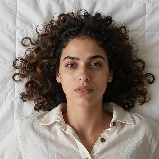 Woman with Curly Hair Lying on White Quilt