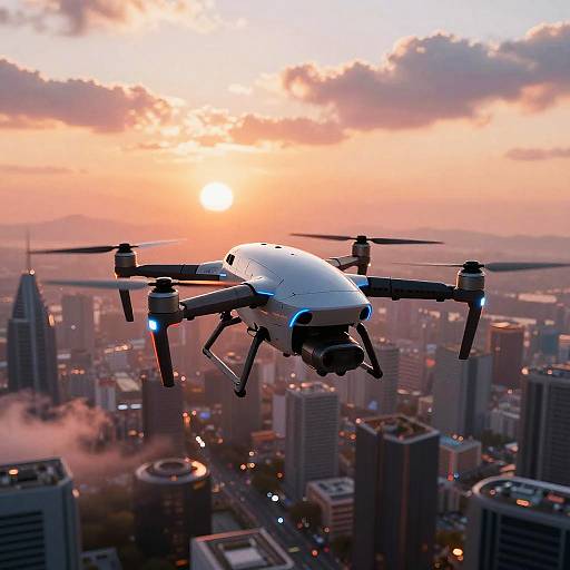 Photograph of a white drone with blue lights flying above a cityscape at sunset, with skyscrapers and illuminated streets in the background.