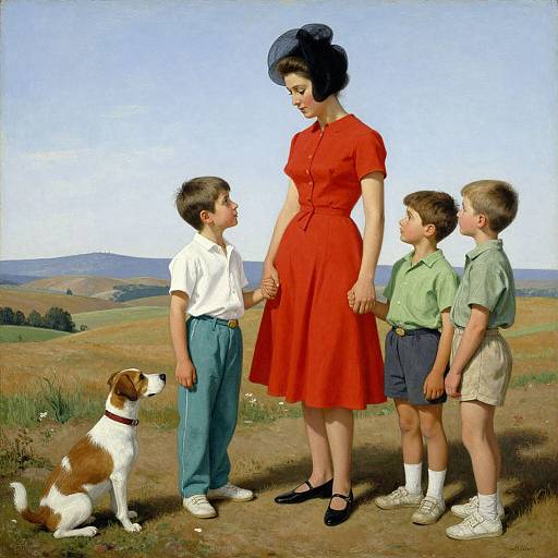 Vintage-style photograph of a woman in a red dress and hat holding hands with three boys, standing with a brown and white dog in a countryside field.