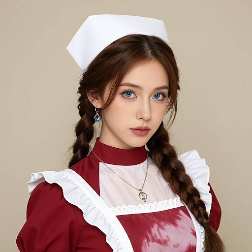 Photograph of a young woman with blue eyes, fair skin, and long brown braids, wearing a maroon and white nurse uniform with a white