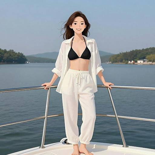 Photograph-style digital image: Asian woman with long black hair, smiling, wearing black bikini top, white pants, and open shirt, standing on boat